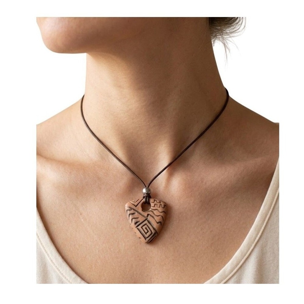 Vintage Natural Wood Pendant Corded Necklace Silver Tone Bead Black Cord